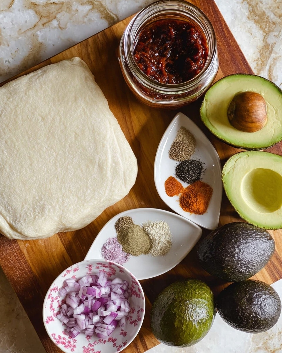 The image shows ingredients arranged on a wooden board with a white marbled surface underneath. There is one large light beige sheet of dough on the left bottom. To its right, a white bowl with four different types of spices in small piles, showing colors of black, brown, orange, and light beige. Below this bowl, there is a small white bowl with pink floral patterns containing finely chopped red onions in white and purple pieces. In the upper right, two whole dark green avocados with rough skin and one avocado cut in half showing bright green flesh and a brown pit are placed. In the upper left corner, an open jar of dark red chili paste or sauce is visible, with the inside showing a glossy, thick texture. The entire setting is well-lit and clear. photo taken with an iphone --ar 4:5 --v 7