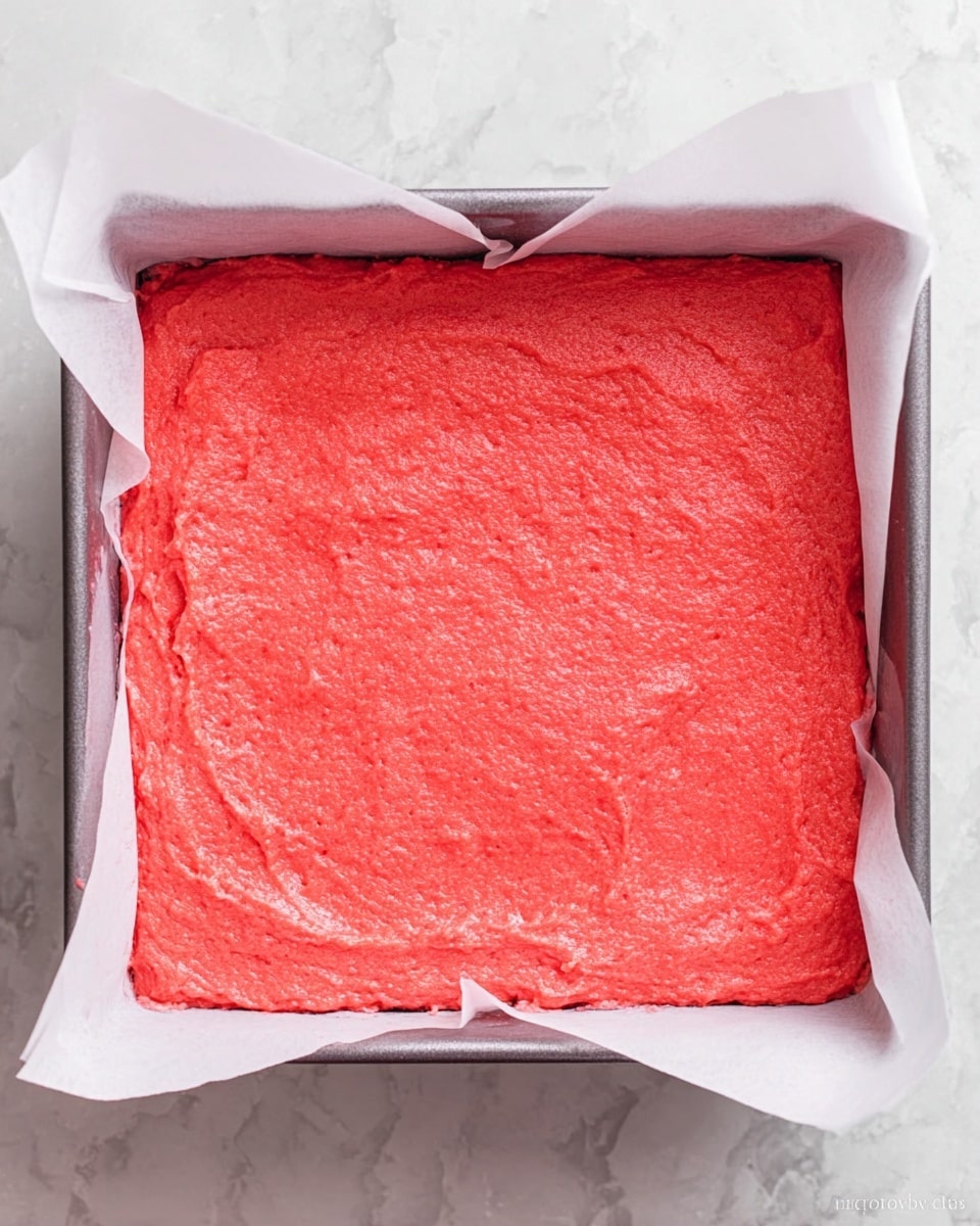 A square baking pan lined with white parchment paper contains a single thick layer of bright red batter or dough, spread evenly across the pan. The texture looks soft and slightly uneven on the surface. The pan and the parchment paper edges are visible, while the background is a white marbled surface. Photo taken with an iphone --ar 4:5 --v 7