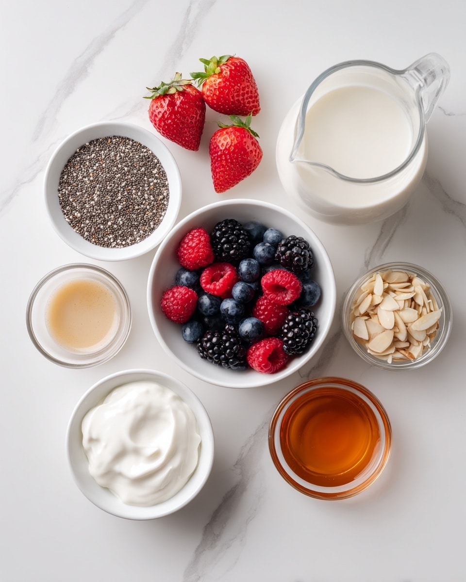 The image shows seven small white bowls and a glass jug arranged on a white marbled surface. The top left bowl contains tiny black and gray chia seeds with two half strawberries next to it. To the right, a clear glass jug is filled with white milk. In the center, a white bowl holds a mix of colorful berries, including blueberries, raspberries, strawberries, and blackberries. Below the chia seeds, a small clear bowl contains a light brown vanilla liquid. At the bottom left, a white bowl is filled with thick white Greek yogurt. To the right, a white bowl contains thin, light brown sliced almonds. On the bottom right, a small clear bowl is filled with amber-colored maple syrup. The scene is bright and clean, with the ingredients clearly separated and labeled visually. photo taken with an iphone --ar 4:5 --v 7
