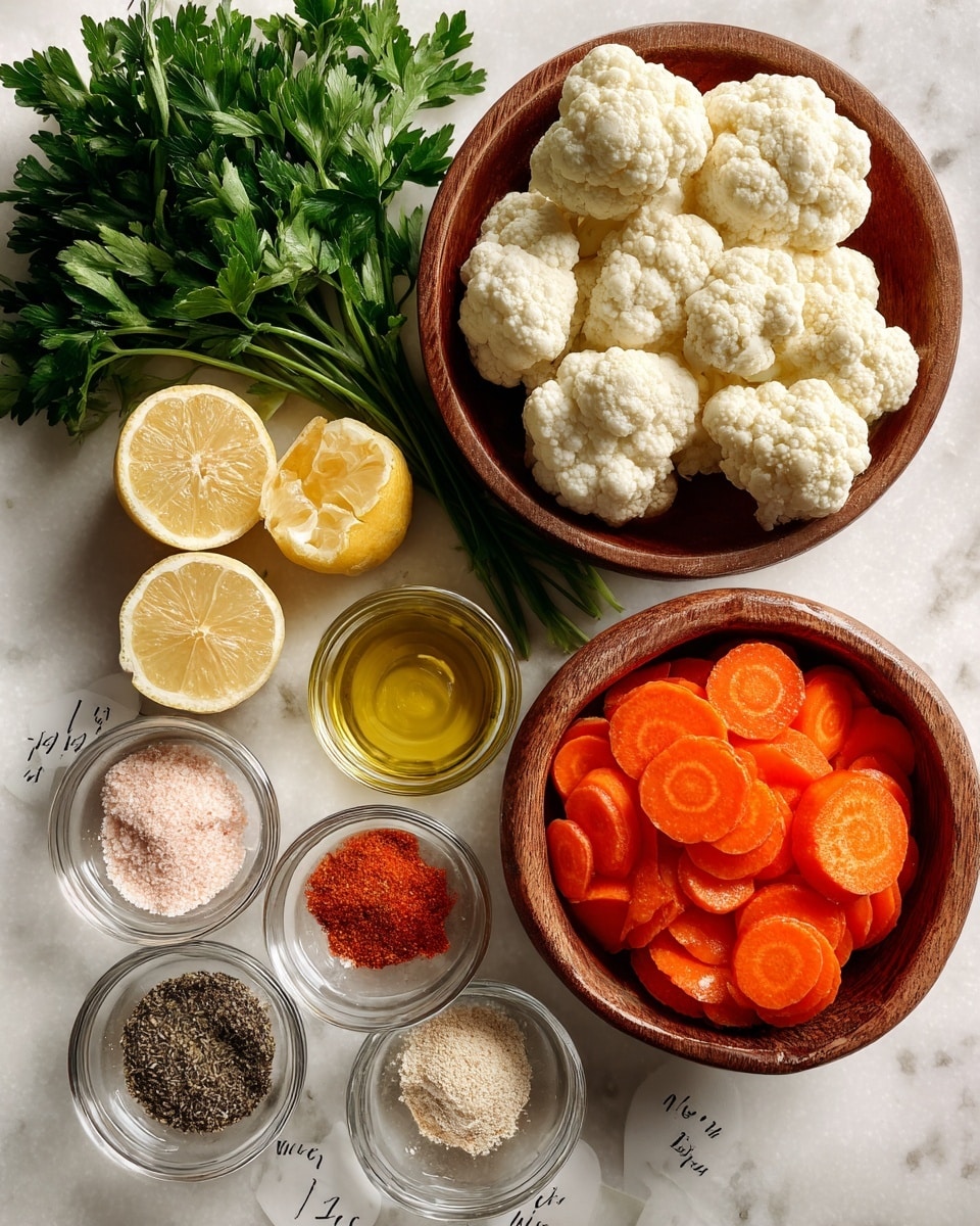 The image shows a top-down view of ingredients placed on a white marbled surface. On the right side, there are two wooden bowls: the top bowl is filled with white cauliflower florets with a rough texture, and the bottom bowl contains bright orange, sliced carrots with smooth surfaces. To the left of the bowls, there are small transparent glass bowls with different powdered spices: one with light pink salt, one with beige garlic powder, one with reddish paprika, one with dark brown cumin, and one with black pepper. Above this, there is a clear glass container filled with light golden olive oil. Near the center-left, there are two lemon halves showing their juicy yellow flesh. In the top left corner, there is a bunch of fresh, green parsley with leafy texture. Each ingredient is labeled with white tags and black text. The scene is simple and clean. photo taken with an iphone --ar 4:5 --v 7