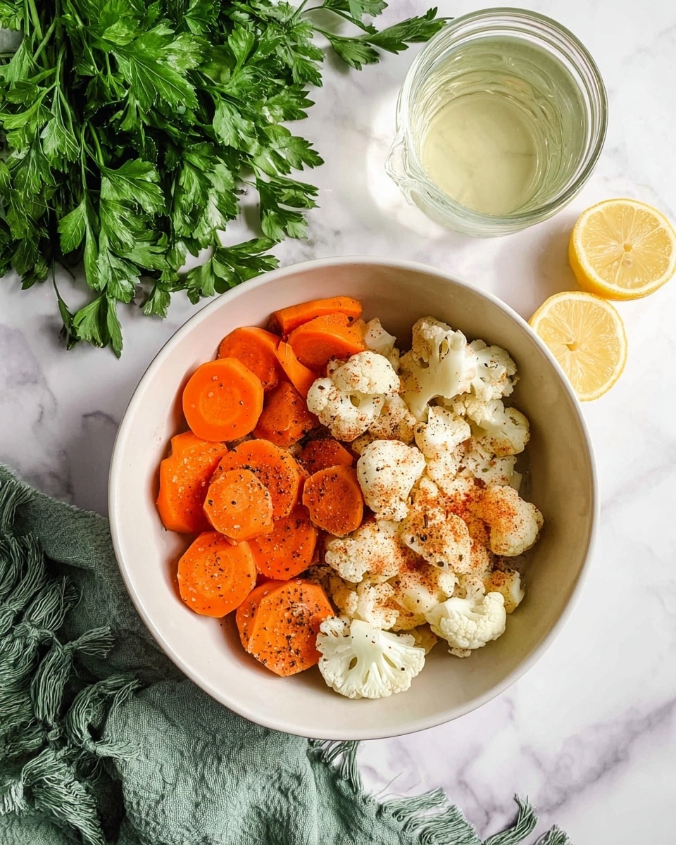A white bowl sits on a white marbled surface, filled with two main layers: on the left side, thick, round slices of bright orange carrots with some black pepper sprinkled on top; on the right side, chunky white cauliflower florets with light brown and reddish seasoning dusted over them. Around the bowl, there is a bunch of fresh green parsley in the top left corner, a small clear glass jar with light liquid on the top right, two lemon halves placed near the bottom left, and a folded green cloth with fringed edges laying on the bottom right. Photo taken with an iphone --ar 4:5 --v 7