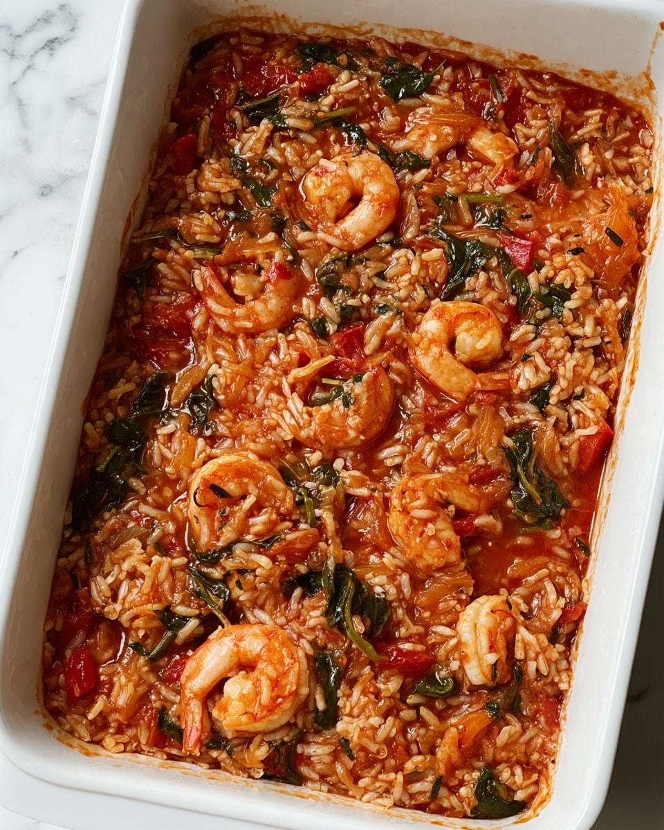 A white rectangular baking dish filled with a shrimp and rice mixture in a thick red sauce. The dish has visible whole shrimp curled up, mixed with white rice grains soaked in the sauce. There are small chunks of red bell pepper, cooked spinach leaves, and bits of onions spread evenly throughout. The texture looks moist with the sauce coating every ingredient, creating a vibrant mix of red, white, green, and orange colors. The dish sits on a white marbled surface. photo taken with an iphone --ar 4:5 --v 7