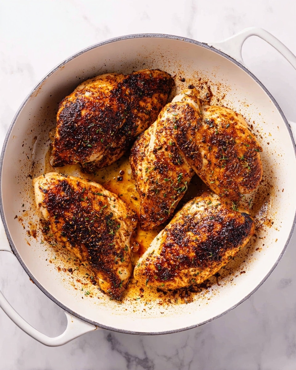 Four cooked chicken breasts with a dark brown, crispy crust and visible herbs are inside a white pan. The chicken breasts show a mix of golden and deep brown colors with some blackened spice spots, creating a textured, slightly rough surface. The white pan has a smooth, clean inside with some charred bits and oil residue around the chicken. The pan's two handles are visible, and it sits on a white marbled surface. photo taken with an iphone --ar 4:5 --v 7
