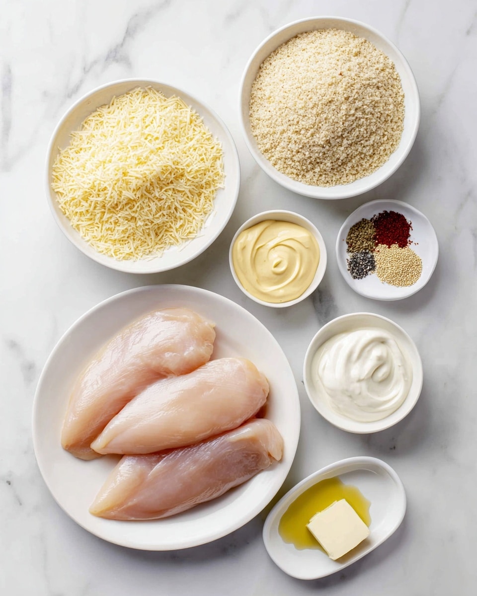 The image shows six white bowls and one white plate arranged on a white marbled surface. The white plate at the bottom holds four raw pale pink chicken fillets overlapping each other. Above the plate, a large white bowl contains pale yellow grated cheese. To the right, another large white bowl is filled with light beige breadcrumbs showing a coarse texture. At the top right, a smaller white bowl is divided into four parts with different spices: dark red, pale yellow, and grey-green specks mixed evenly. Next to it is another small bowl with thick white mayonnaise or sour cream. At the far left, a small bowl holds a swirl of yellow mustard, while below it, another small bowl contains a square of pale yellow butter sitting in a pool of olive oil, which is light greenish-yellow. The setting is bright and clean, with the food items clearly visible, and the photo taken with an iphone --ar 4:5 --v 7