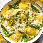 Ravioli with Peas, Asparagus, and Goat Cheese Recipe