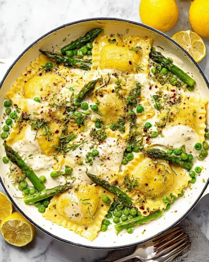 Ravioli with Peas, Asparagus, and Goat Cheese Recipe