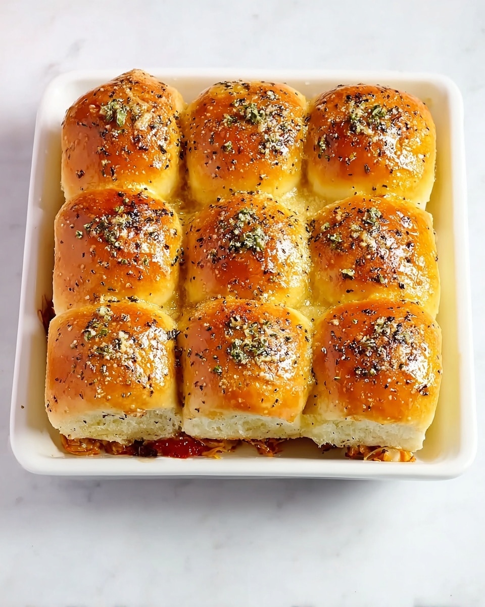 The image shows a white rectangular dish with nine golden brown soft sandwich rolls arranged in a 3x3 grid. The buns have a shiny, glazed top sprinkled with herbs and black pepper, adding texture and speckles of dark green and black on the warm brown surface. Underneath the buns, some shredded meat and melted cheese slightly peek out, with a small hint of red sauce visible at the bottom edge. The dish rests on a white marbled surface that softly reflects light. photo taken with an iphone --ar 4:5 --v 7