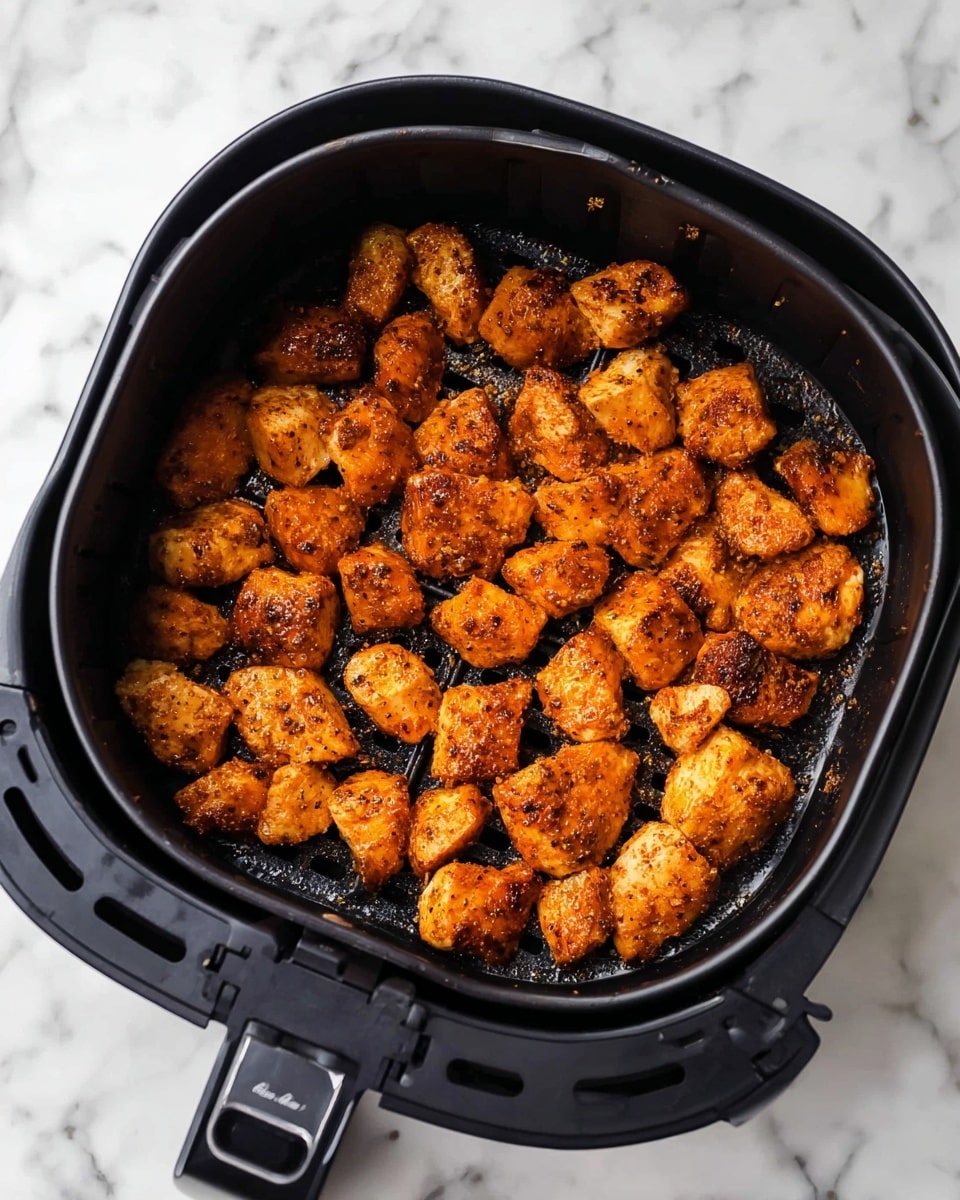 The image shows an air fryer basket filled with small, browned pieces of seasoned chicken evenly spread out in a single layer. The chicken pieces have a golden-brown color with a slightly crispy texture and small dark spice flakes visible on the surface. The black air fryer basket contrasts with the chicken, and the scene is set on a white marbled textured surface. The handle of the air fryer basket is visible at the bottom of the image. photo taken with an iphone --ar 4:5 --v 7