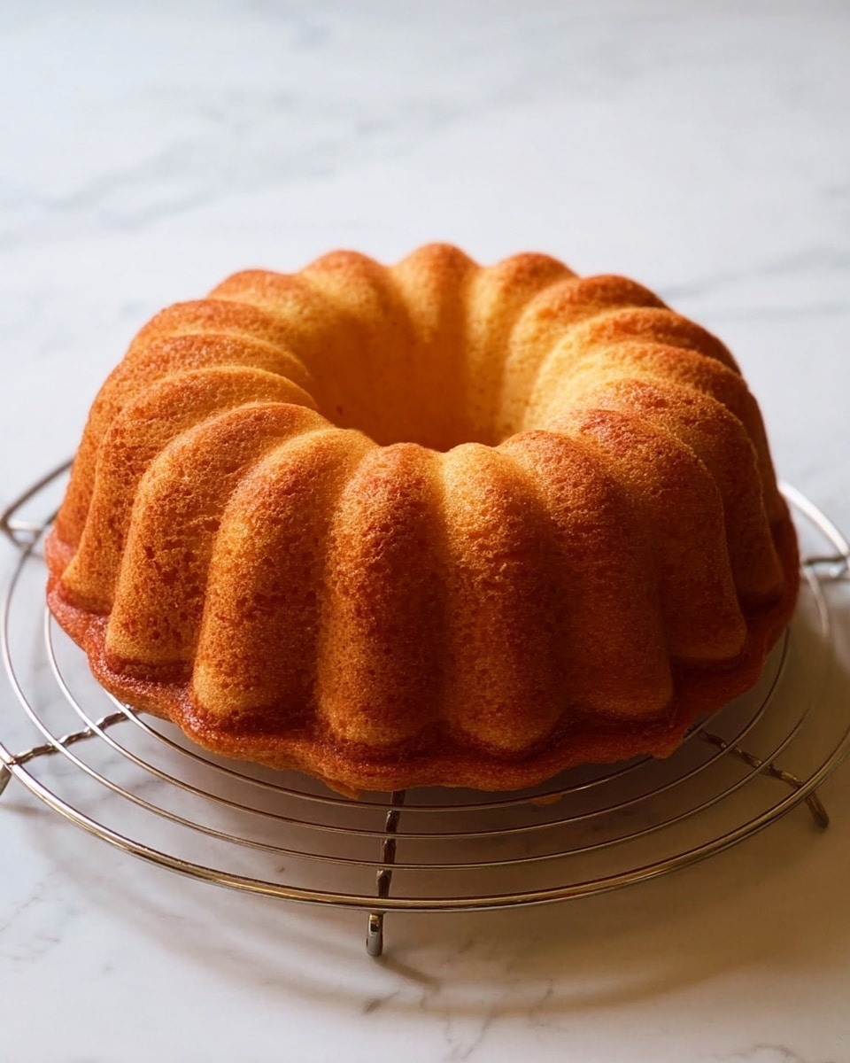 The image shows a single-layer round Bundt cake with deep ridges and a hole in the center, sitting on a silver cooling rack. The cake is golden brown with a smooth, slightly textured surface and even coloring. The cake rests on a white marbled surface that contrasts softly with its warm tones. photo taken with an iphone --ar 4:5 --v 7