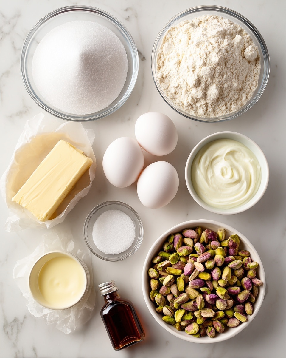 The image shows ingredients arranged neatly on a white marbled surface. There are 10 main items: a clear bowl with white sugar in the top left, two white eggs placed side by side in the center, a larger clear bowl filled with white flour on the top right, a small white bowl with white baking powder on the bottom left, a stick of pale yellow butter partially wrapped in paper beside it, a tiny clear container with salt just below the butter, a small white bowl filled with plain white yogurt in the middle right, a brown bottle of vanilla extract next to the yogurt, and a clear bowl full of raw pistachios with green, purple, and brown colors at the bottom right. All ingredients are clearly labeled with black text on white blocks. Photo taken with an iphone --ar 4:5 --v 7