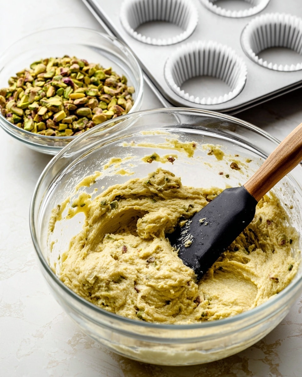 The image shows a large clear glass bowl filled with a thick, pale yellowish-green batter with small bits of darker green and brown mixed in. A spatula with a black blade and wooden handle rests inside the batter, partially covered by it. Behind this bowl, there is a smaller clear glass bowl filled with roughly chopped green pistachios and some brown pieces. In the background, there is a metal muffin tray lined with plain white paper cupcake liners, all placed on a white marbled surface. Photo taken with an iphone --ar 4:5 --v 7