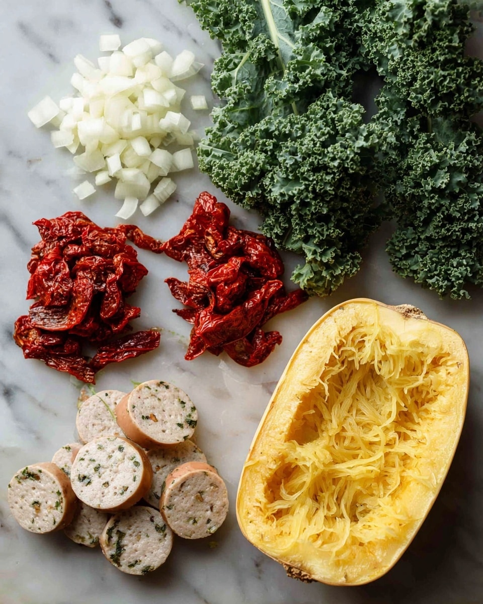 The image shows five main ingredients arranged on a white marbled surface: at the top right, a bunch of leafy green kale with ruffled edges; to the left of the kale, small white chopped onion pieces; below the onions, bright red dried tomato pieces with a wrinkled texture; to the bottom left, slices of white sausage speckled with herbs and small bits of vegetables, layered and scattered; finally, on the right side, a halved spaghetti squash with its golden-yellow strings and slightly browned edges inside its pale yellow skin forming one layer. Photo taken with an iphone --ar 4:5 --v 7