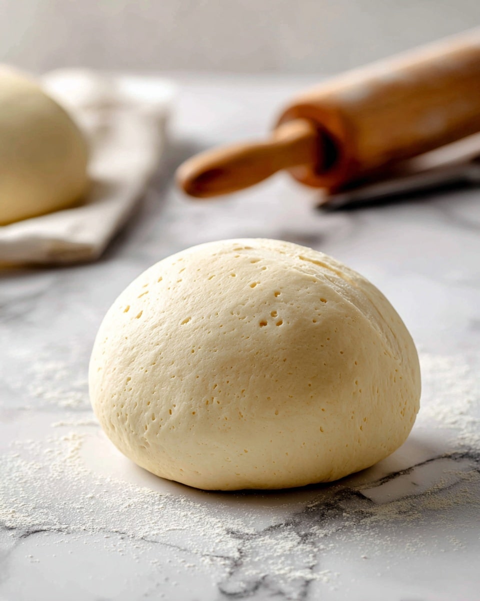 A single smooth round dough ball with a light cream color sits on a white marbled surface. The dough has a soft texture with small air bubbles on its surface and a single shallow cut line across the top. In the background, there is a blurred view of a dough scraper with a wooden handle lying on the same white marbled surface. Another part of dough is faintly visible on the left side. photo taken with an iphone --ar 4:5 --v 7