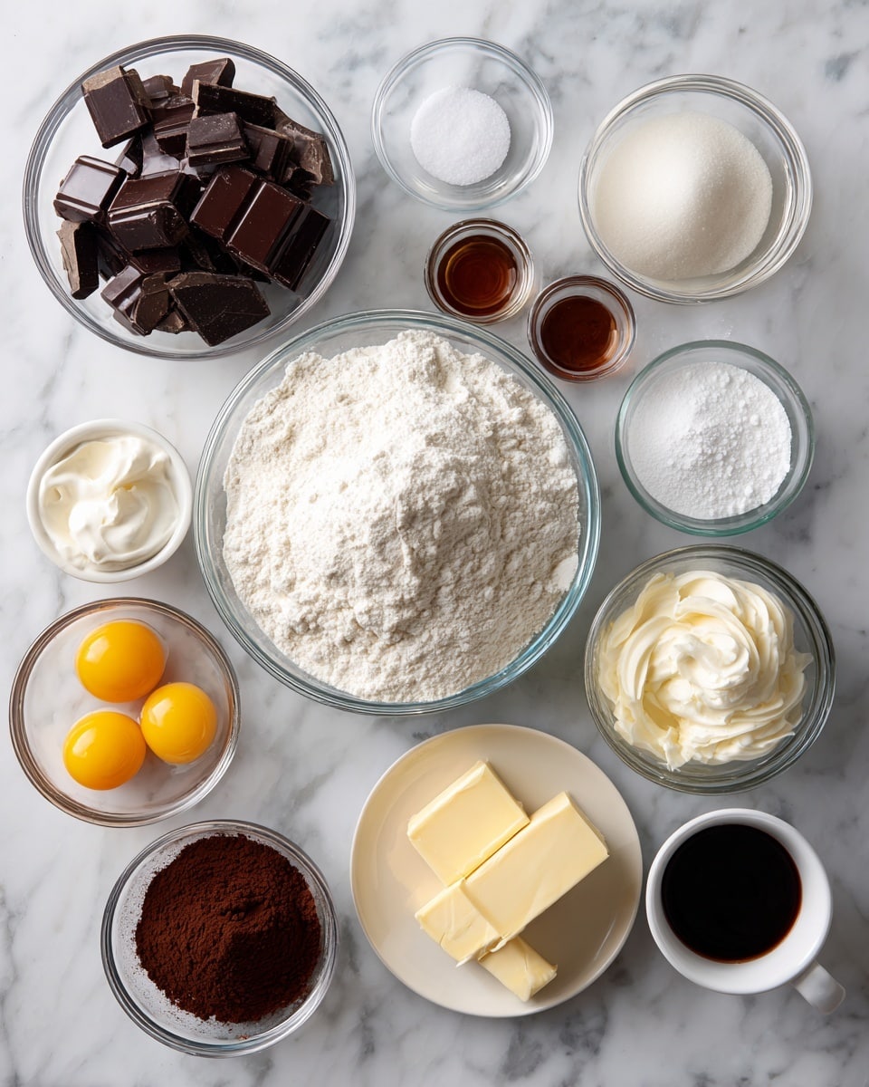 The image shows eleven clear glass bowls and one white plate arranged on a white marbled surface. At the center is a large bowl filled with white flour, surrounded clockwise by a small bowl of white salt, a large bowl of dark chocolate chunks, a tiny bowl with brown vanilla extract, a large bowl of white sugar, a tiny bowl with white baking powder, a tiny bowl with white baking soda, a large bowl of white sour cream, a small bowl with cracked yellow eggs, a medium bowl of dark brown coffee, and a small bowl with dark brown espresso powder. In the white plate near the center bottom is a stick of pale yellow butter cut into two pieces. All items are labeled with bold black text. Photo taken with an iphone --ar 4:5 --v 7