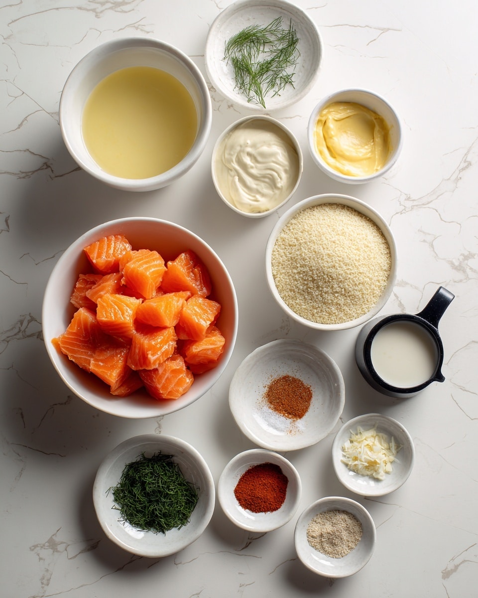 The image shows several white bowls and measuring cups on a white marbled surface, each containing an ingredient for a recipe. There is a large white bowl filled with bright orange chunks of salmon at the bottom left. Above it, there is a smaller white bowl with a pale yellow liquid labeled lemon juice. To the right, a white bowl holds fine beige panko breadcrumbs. Next to it, a black measuring cup holds thick off-white mayonnaise. Small white bowls contain green chopped dill, light yellow Dijon mustard, and white milk. A small plate holds four piles of spices in red, beige, and white colors labeled paprika, onion powder, garlic powder, and salt plus pepper. Another small white bowl contains minced garlic. The setup is neat and well-lit. Photo taken with an iphone --ar 4:5 --v 7