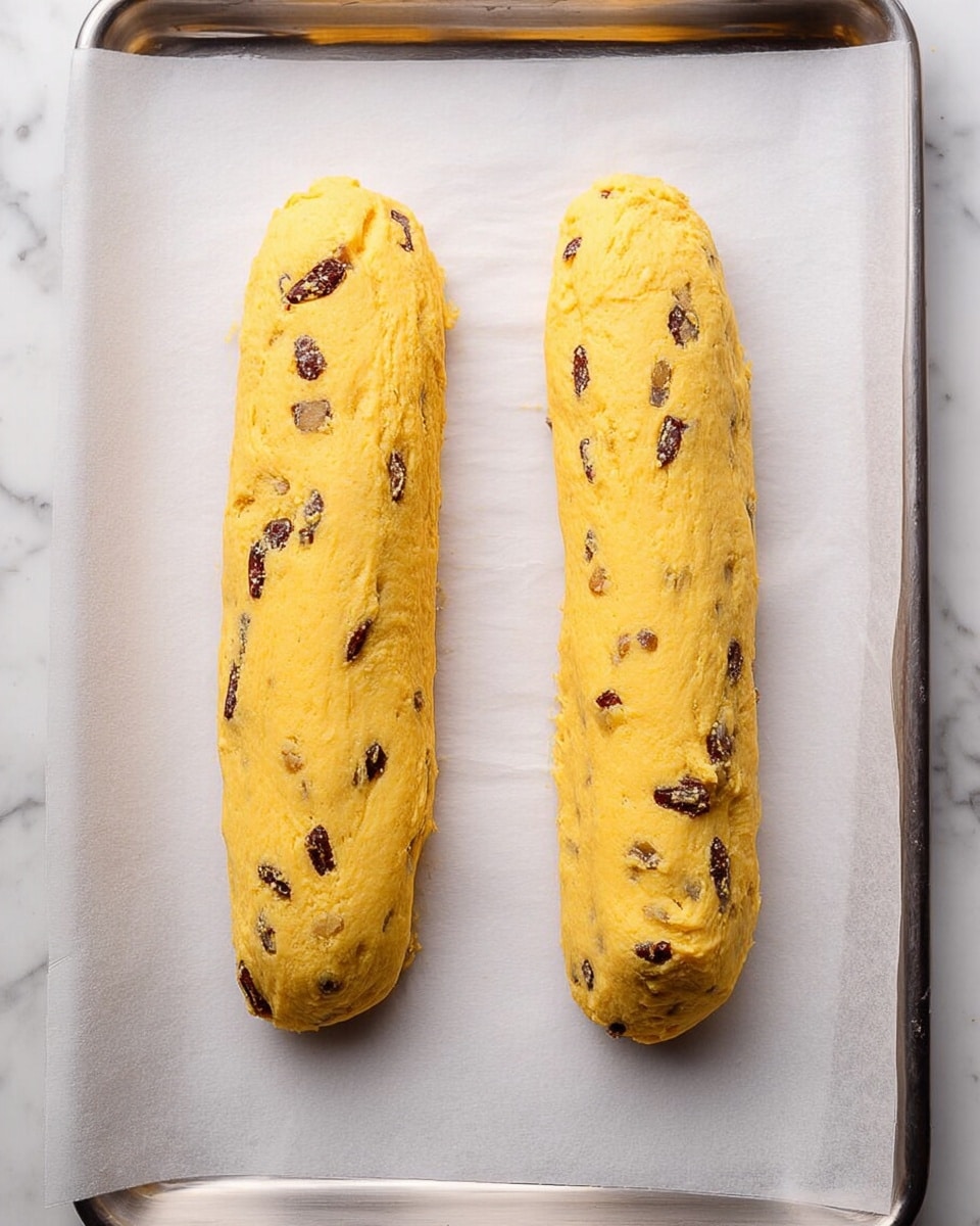 Two thick, uneven yellow dough logs with dark specks spread inside are placed side by side on a sheet of white parchment paper. The dough has a soft and slightly rough texture, with visible chunks of what look like dried fruit or nuts scattered throughout. The parchment paper lies flat on a shiny metal baking tray. The background is a white marbled surface. Photo taken with an iphone --ar 4:5 --v 7