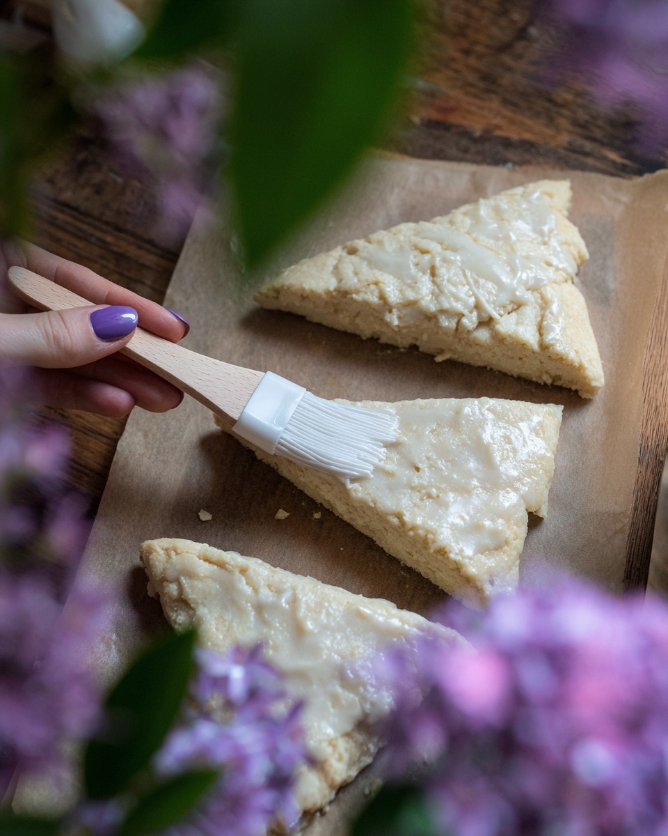 The image shows three triangular dough pieces on brown parchment paper on a wooden table. The dough is pale and unevenly textured with some spots of white glaze being brushed on the top layer by a white silicone brush held by a woman's hand with purple-painted nails. The foreground has blurry purple and green shapes from flowers and leaves, creating a soft effect around the dough pieces. photo taken with an iphone --ar 4:5 --v 7