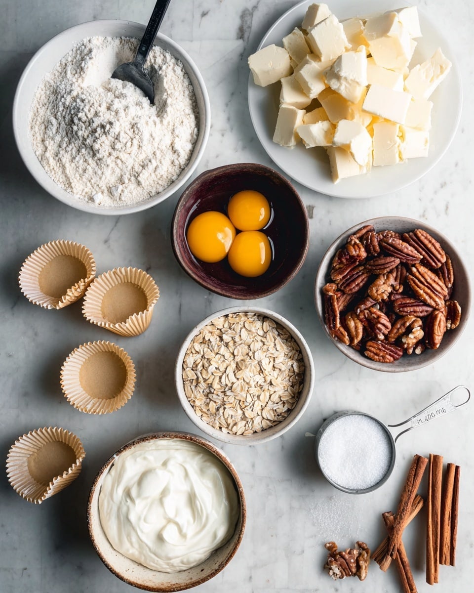 The image shows a flat lay of various baking ingredients arranged on a white marbled surface. At the top left, there is a white bowl filled with flour with a black spoon inside. To its right, a white plate holds chunky white cubes of butter. Below the flour, a dark bowl contains two raw eggs with bright yellow yolks. Scattered near the bottom left corner are several beige paper cupcake liners. Centered near the bottom, a rustic bowl holds smooth white yogurt. Just above it, a small metal measuring cup is filled with pale rolled oats. To the right of the oats, a dark bowl contains whole pecans with rich brown shells. Below the pecans, a white bowl holds white granulated sugar with a spoon resting in it. On the far right edge, several cinnamon sticks lie grouped together. The entire setting is softly lit with natural light, giving a fresh and clean look. Photo taken with an iphone --ar 4:5 --v 7