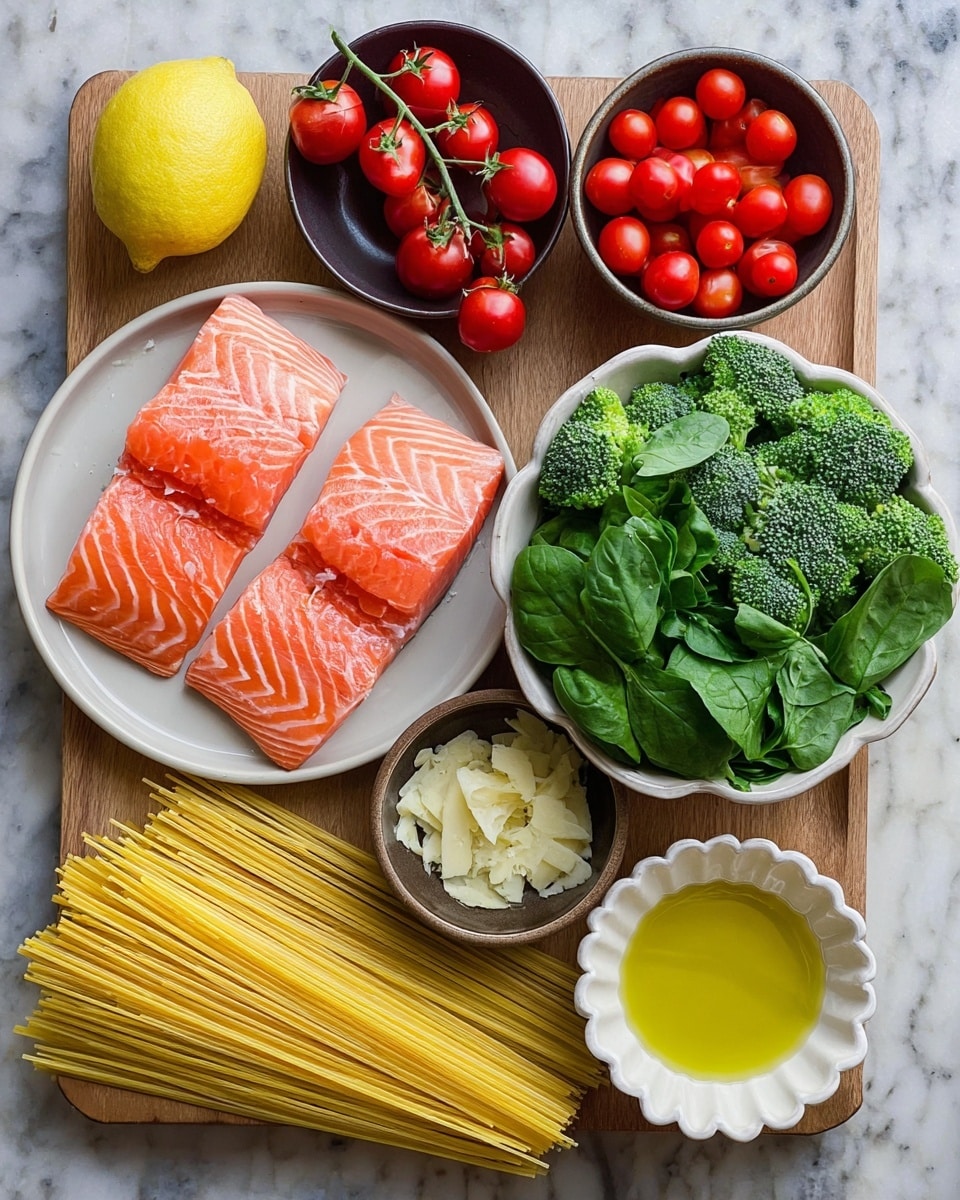 The image shows a wooden tray on a white marbled surface with eight food items arranged neatly. On the left bottom is a white plate with three raw pink salmon fillets showing their lines and texture. Next to it, slightly above, is a half yellow lemon placed on a small dark brown round plate. Above the lemon is a dark brown bowl filled with small round red cherry tomatoes. In the middle is a small dark brown bowl filled with chopped garlic. Below the bowl is a bunch of yellow uncooked spaghetti spread out flat on the tray. To the right of the spaghetti is a white scalloped bowl filled with fresh dark green spinach leaves. Above it, to the right, is a white bowl overflowing with green broccoli florets. At the bottom right is a small white bowl filled with yellow olive oil. The whole setup is brightly lit, showing fresh ingredients clearly. Photo taken with an iphone --ar 4:5 --v 7