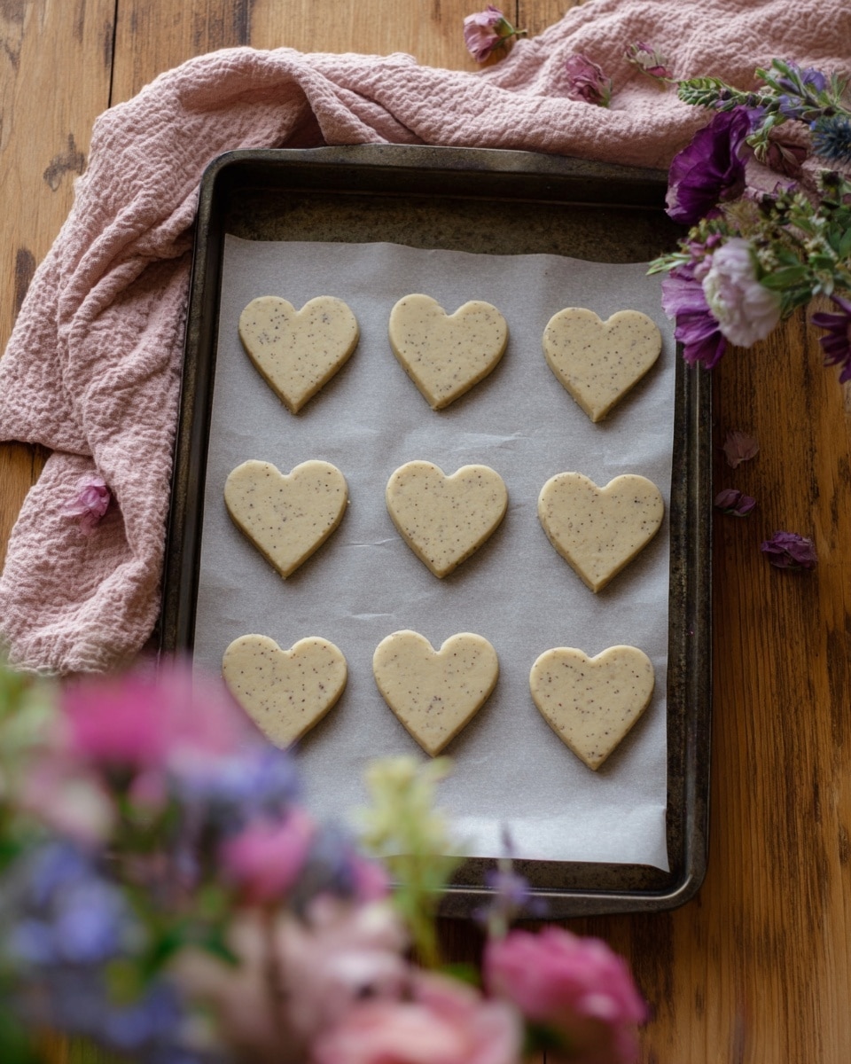 A dark metal baking tray lined with white parchment paper holds eight heart-shaped cookie dough pieces arranged in four rows and two columns. The cookie dough is light beige with darker specks evenly spread throughout. Around the tray, a soft pink textured cloth is casually draped on a wooden surface. In the foreground and background, blurred bunches of colorful flowers in shades of pink, purple, and blue add a delicate touch to the scene. The entire setting is warm and cozy with a wooden table underneath. Photo taken with an iphone --ar 4:5 --v 7