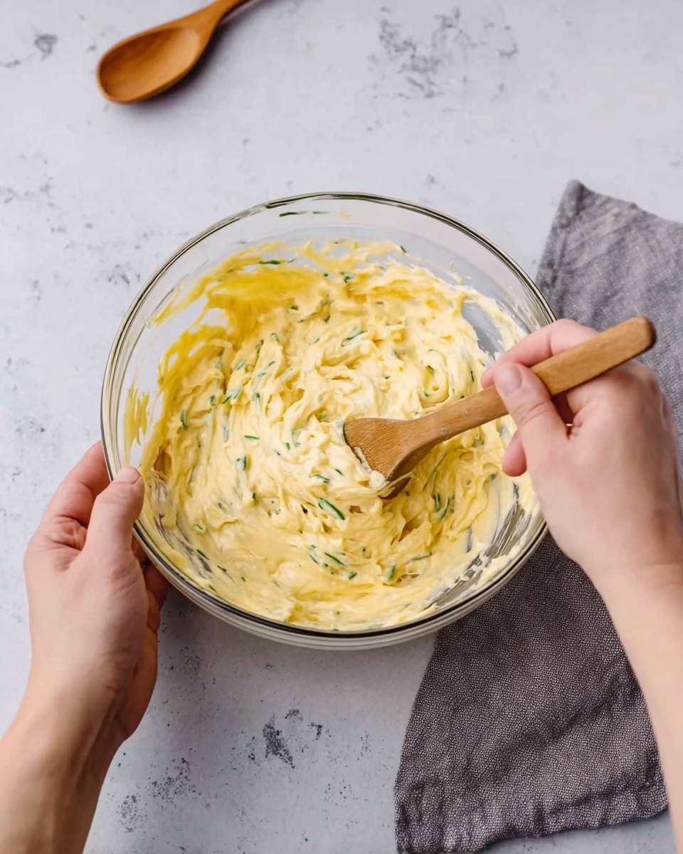 A clear glass bowl filled with a creamy yellow mixture that has small green bits, stirred with a wooden spoon held by a woman's hand from the left and another woman's hand holding the bowl from the right. The bowl sits on a white marbled surface with a gray cloth to the right and a small wooden spoon in the upper left background. Photo taken with an iphone --ar 4:5 --v 7