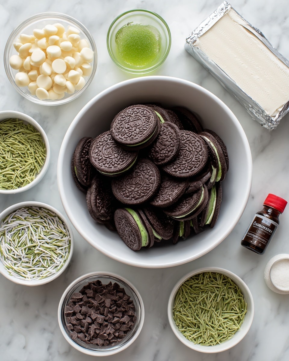 The image shows an overhead view of various baking ingredients arranged neatly on a white marbled surface. In the center, there is a pile of dark brown mint Oreo cookies with visible green filling, stacked in a white bowl. Surrounding the bowl are smaller white bowls containing white chocolate chips, green and brown jimmie sprinkles, and chocolate chips. To the top right, a silver-wrapped block of cream cheese is placed beside a small white container of solid white coconut oil. Nearby, there are two small bottles—one dark brown with a red cap labeled spearmint extract and a shorter green bottle marked as green food coloring. The layout is clean, bright, and well-lit, creating a fresh and inviting look. Photo taken with an iphone --ar 4:5 --v 7