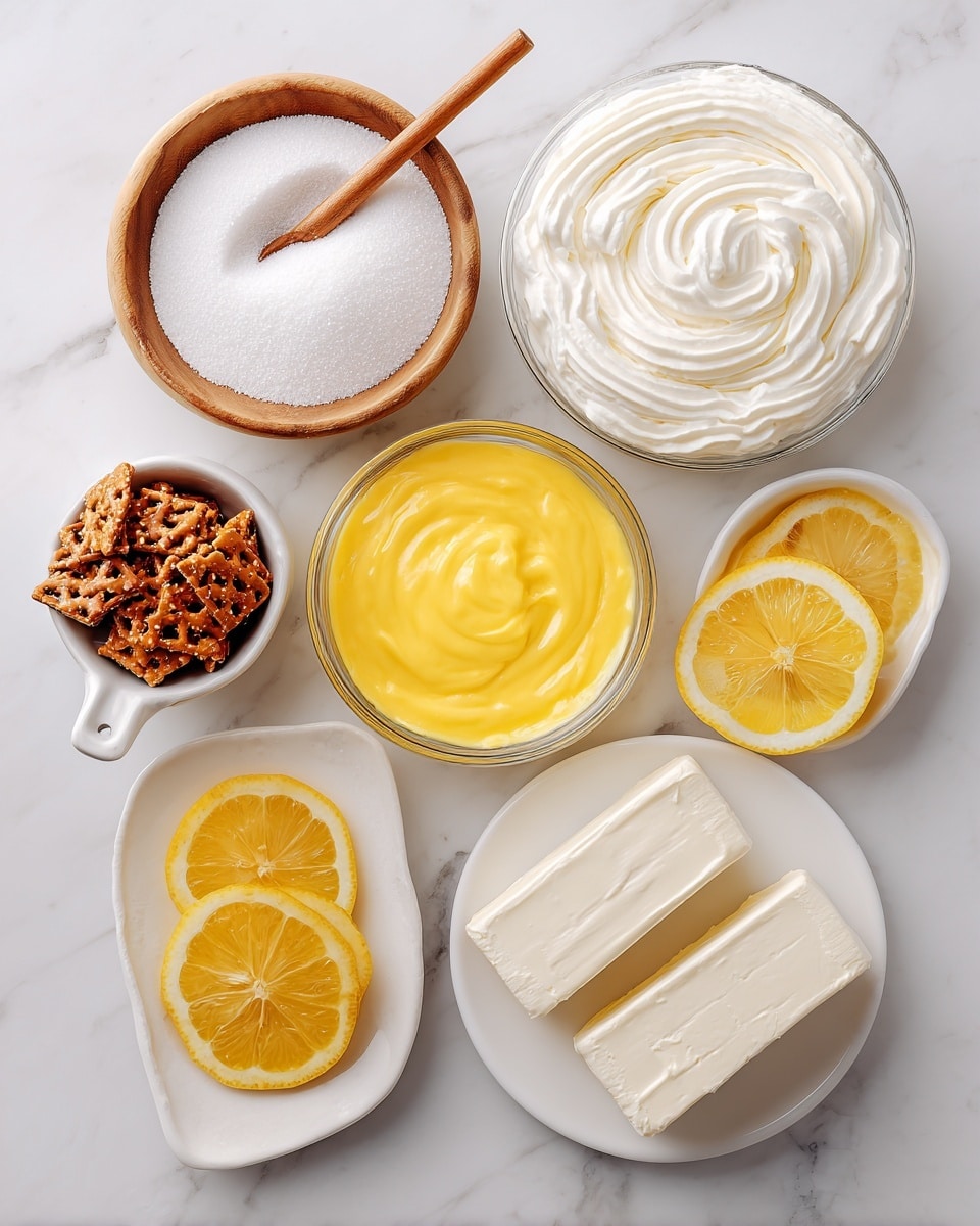 The image shows six white bowls and plates arranged on a white marbled surface, each with a different ingredient. In the top left, a wooden bowl holds white granulated sugar with a small wooden spoon resting inside. To its right, a round bowl contains smooth, white whipped topping with swirled texture. Below the sugar, a glass bowl is filled with bright yellow lemon pie filling, glossy and thick. Centered among the bowls is a small white measuring cup filled with melted yellow butter that looks smooth and shiny. To the right, a small white plate displays six thin lemon slices arranged in a semi-circle, showing bright yellow flesh and white rind. At the bottom left, a clear glass bowl contains light brown crushed pretzels with a rough texture. Lastly, at the bottom right, a white plate holds two rectangular blocks of cream cheese, smooth and pale. Photo taken with an iphone --ar 4:5 --v 7