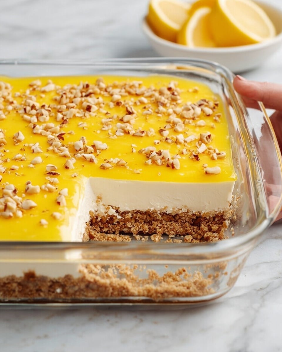 A clear glass baking dish shows a three-layer dessert sitting on a white marbled surface. The bottom layer is crumbly and brown with bits of nuts or crumbs, forming a firm base. Above this is a thick, smooth white creamy layer with a soft texture, topped by a bright yellow layer that looks smooth and glossy, possibly a lemon or custard topping. Small pieces of chopped nuts are sprinkled across the yellow layer, adding texture and color contrast. A woman’s hand is slightly visible holding the dish on one side. In the background, there is a white bowl with lemon slices. Photo taken with an iphone --ar 4:5 --v 7