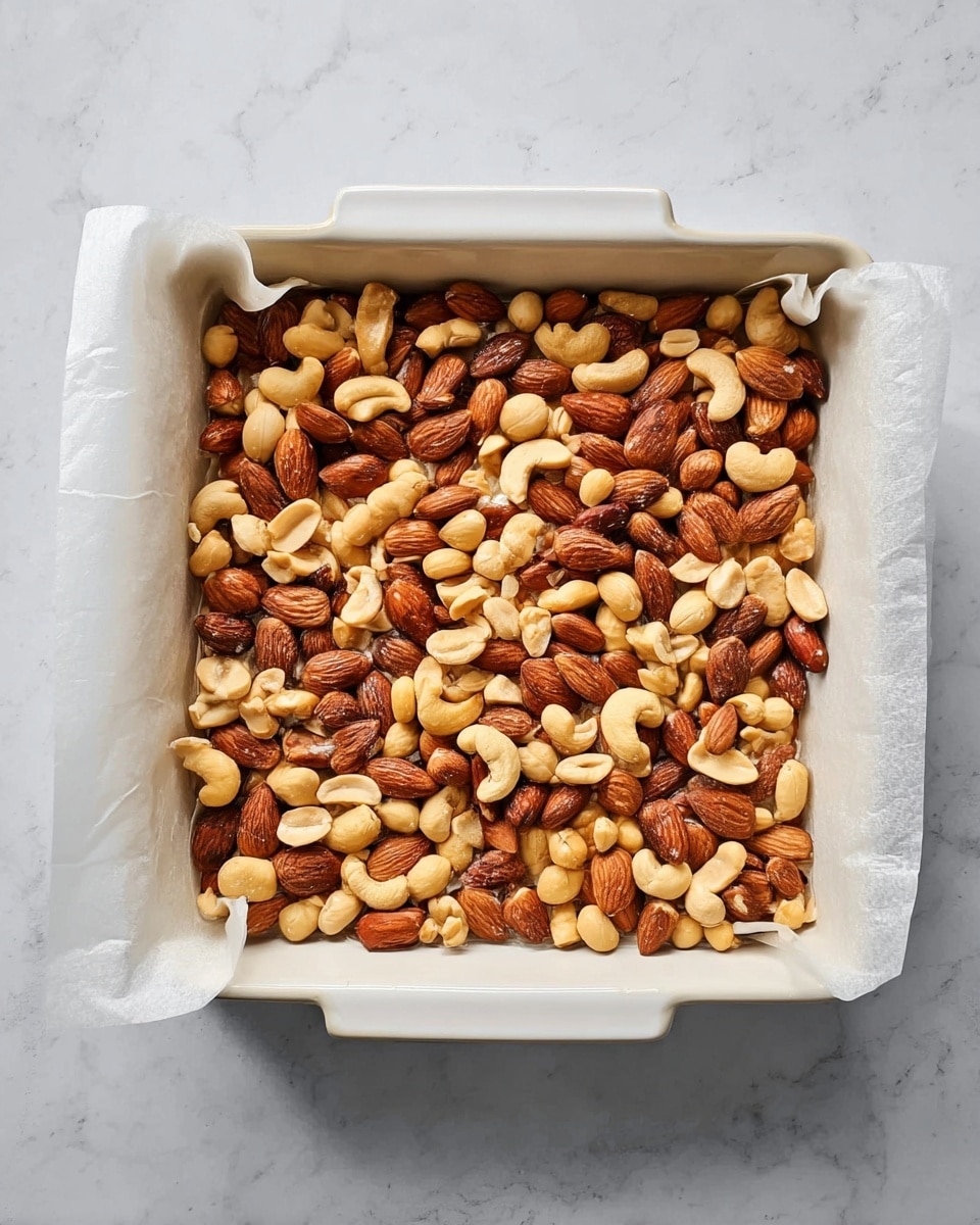 A white square baking dish lined with parchment paper holds a single thick layer of mixed nuts evenly spread inside. The nuts include whole almonds with smooth, brown skins; whole cashews with light beige curved shapes; and pale tan peanuts both whole and halved. The nuts have a shiny, slightly oily texture and fill the dish completely, creating a tightly packed, colorful mosaic of brown and beige tones. The dish is set on a white marbled surface. photo taken with an iphone --ar 4:5 --v 7