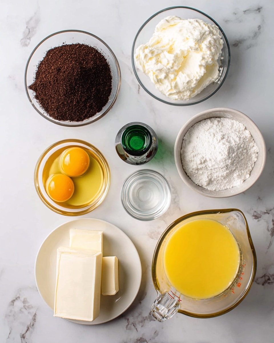 The image shows a flat lay of various ingredients on a white marbled surface. There are eight containers total: a bowl of fine dark brown crumbs on the top left, a bowl of white cream with a soft texture in the top center, a small green bottle of dark liquid near the middle right, a bowl of white granulated sugar on the right, a cup of clear liquid near the center, a bowl with two bright yellow egg yolks and egg whites on the left center, a small bowl with fine white powder below the sugar, and a white plate holding two large rectangular blocks of cream cheese at the bottom left. Finally, a large glass measuring cup filled with melted yellow butter is on the bottom right. Everything is evenly spaced with no woman's hand visible. Photo taken with an iphone --ar 4:5 --v 7