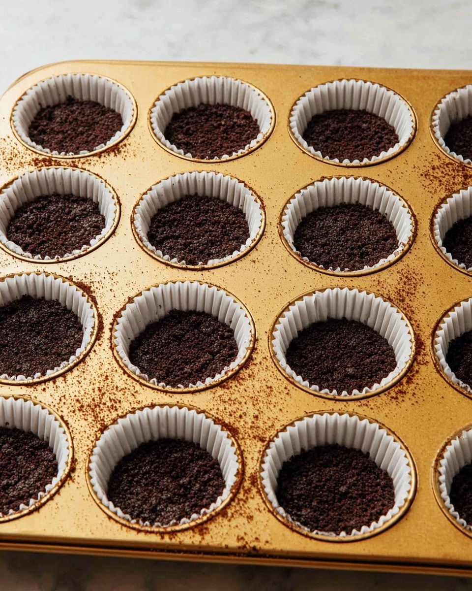 A close-up view of a golden muffin tray lined with white paper cups, each filled with a layer of dark, crumbly chocolate cookie crumbs pressed flat at the bottom, creating an even, textured base. The tray shows signs of use with some brown marks that contrast against the smooth, white marbled surface underneath. The arrangement of twelve cups is neat, filling the frame with a warm and slightly rustic feel. photo taken with an iphone --ar 4:5 --v 7