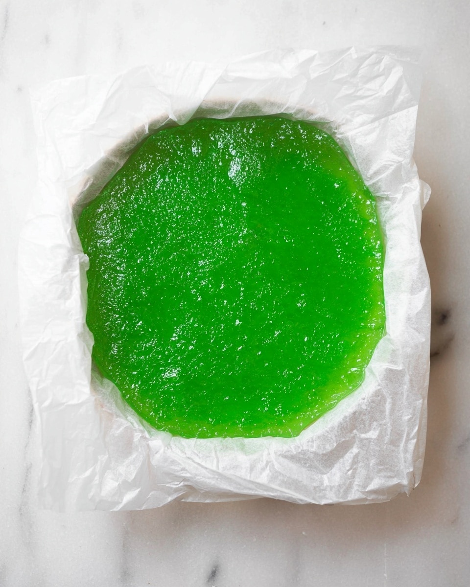A single thick layer of shiny green jelly with a smooth and slightly wet texture fills the center of a white parchment paper-lined baking dish, the paper crinkled and surrounding the jelly unevenly. The dish rests on a white marbled surface. The jelly’s green color is bright and vivid, with some light reflections showing its glossy surface. photo taken with an iphone --ar 4:5 --v 7