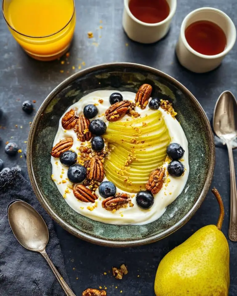 Greek Yogurt Breakfast Bowl with Pear, Blueberries, and Pecans Recipe