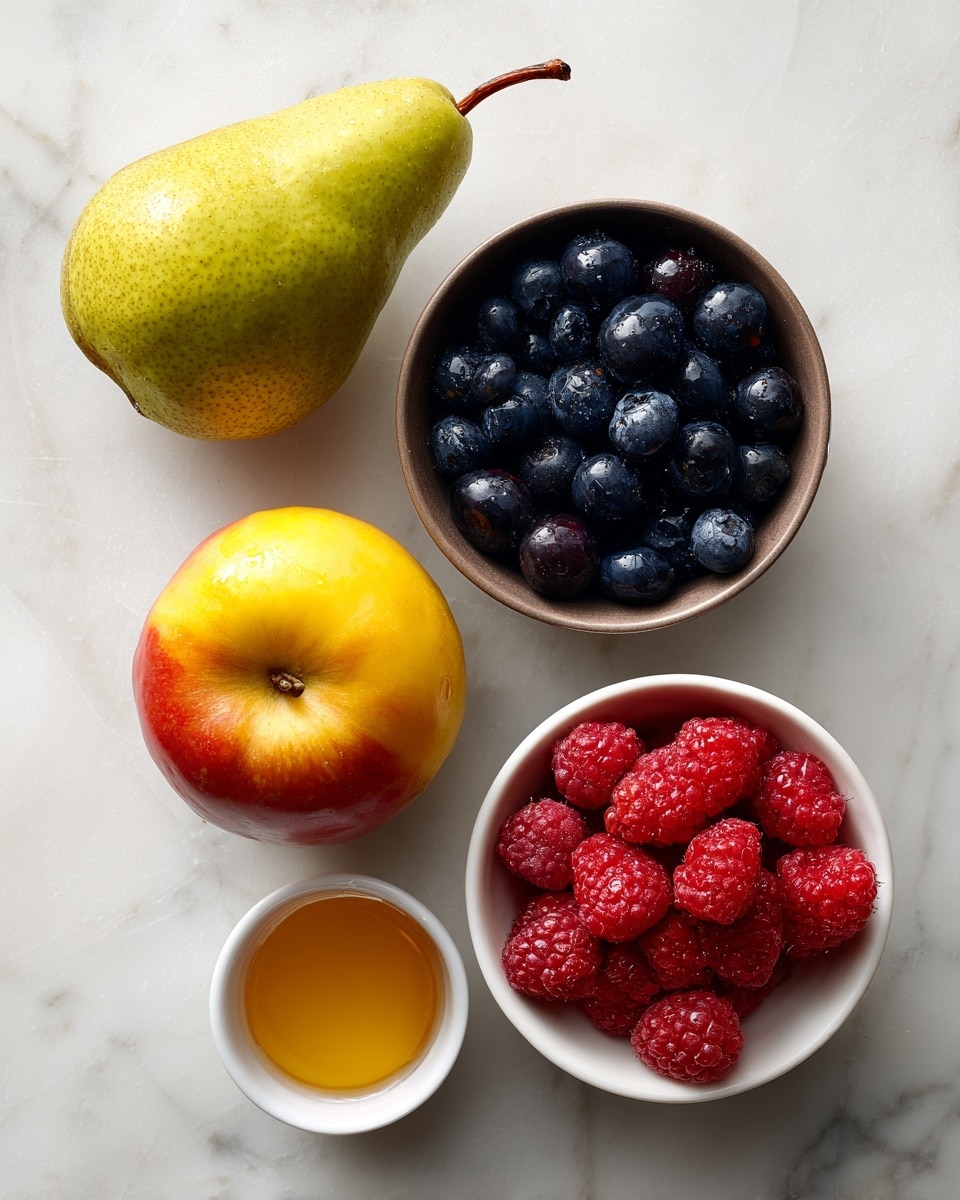 The image shows a simple arrangement of fresh fruits on a white marbled surface. At the top left, there is a green-yellow pear with a short brown stem. Below it, slightly to the right, is a small brown bowl filled with shiny, plump dark blue blueberries. Below the bowl and centered is a yellow-red apple with smooth skin. At the bottom right, there is a white bowl filled with bright red, textured raspberries. The fruits and bowls are spaced out in a straight diagonal line from top left to bottom right. Photo taken with an iphone --ar 4:5 --v 7