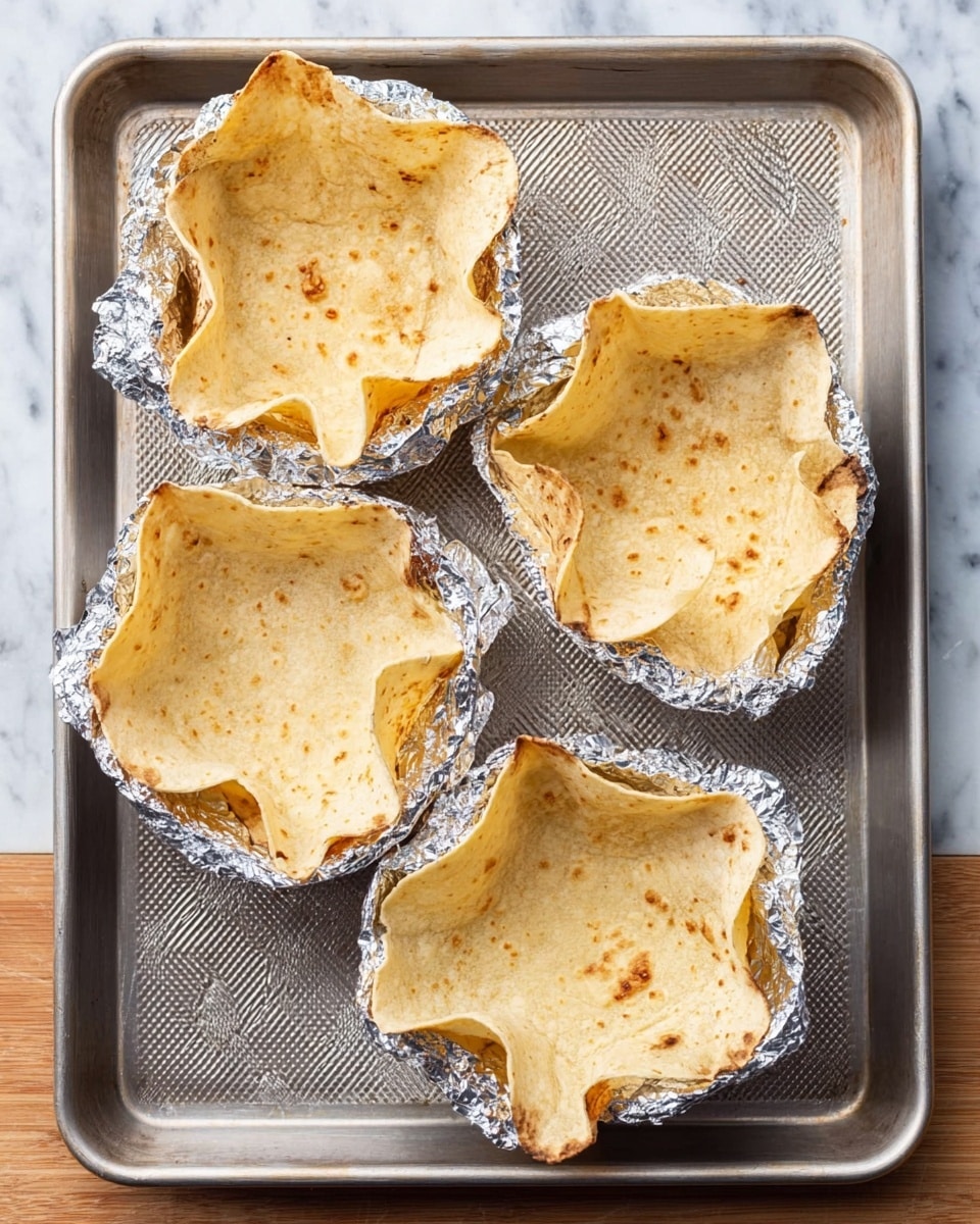 Four tortilla shells are shaped into bowls with the help of crumpled aluminum foil underneath each one, placed on a silver baking tray with a textured surface. Each tortilla bowl has a light tan color with small darker brown spots and edges that are folded upwards in an uneven, loose star shape. The baking tray is on a surface that looks like white marble. photo taken with an iphone --ar 4:5 --v 7