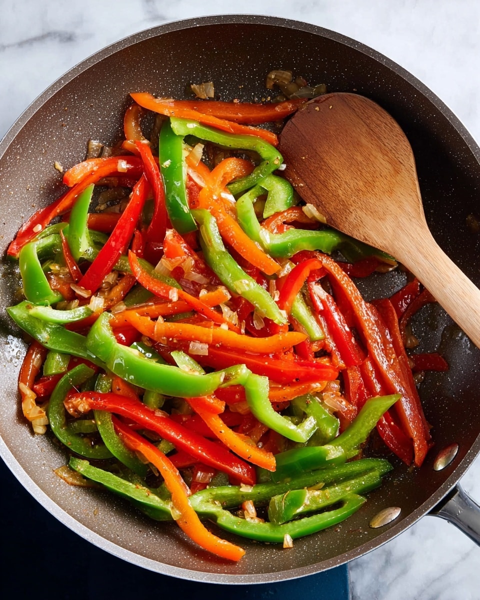 A frying pan filled with cooked red and green bell pepper strips mixed with small bits of light brown onion, all slightly shiny from oil and seasoning. The peppers are cut into long thin strips, spread in one layer inside the pan. A wooden spoon rests inside the pan on the right side, partly touching the peppers. The pan sits on a white marbled surface. Photo taken with an iphone --ar 4:5 --v 7