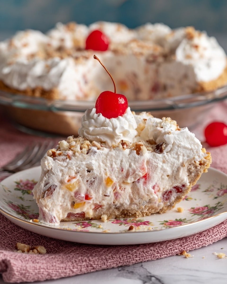 A close-up view of a round, cream-filled dessert in a clear glass pie dish, showing two distinct layers. The bottom layer is a crumbly, light beige crust with a slightly grainy texture, while the top layer is thick, fluffy white cream mixed with small red and dark bits, giving a speckled look throughout. Three bright red cherries with shiny skin and long stems rest on top, placed near the edge of the creamy layer. The pie dish sits on a black wire cooling rack over a pink cloth, with a soft-focus dark blue background and a white marbled surface beneath. Photo taken with an iphone --ar 4:5 --v 7