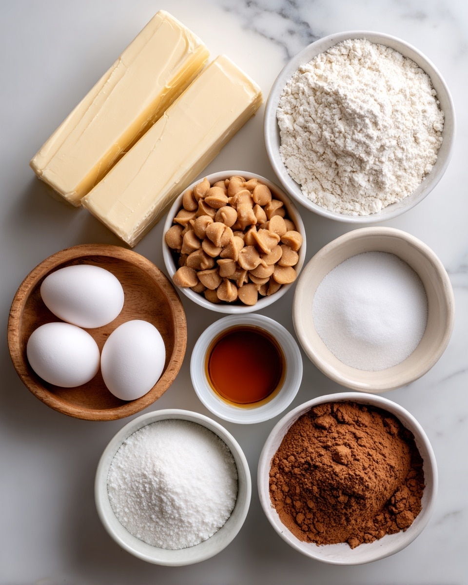 The image shows baking ingredients arranged neatly on a white marbled surface. There are two sticks of unsalted butter stacked on the top left. Next to them, on the right, is a white bowl filled with white flour. Below the butter, a white bowl is filled with peanut butter chips that are light brown and round. In the middle, there is a small wooden bowl with white salt, and next to it, a small white bowl containing a dark amber vanilla liquid. On the bottom right, two white eggs rest directly on the marble. Below the salt and vanilla, a white bowl holds fine white sugar. To the right of the sugar is another white bowl filled with brown cocoa powder, which looks powdery and cracked on the surface. At the bottom left corner, there is a small wooden bowl holding white baking powder. All items are arranged clearly and spaced evenly, with labels identifying each ingredient. Photo taken with an iphone --ar 4:5 --v 7