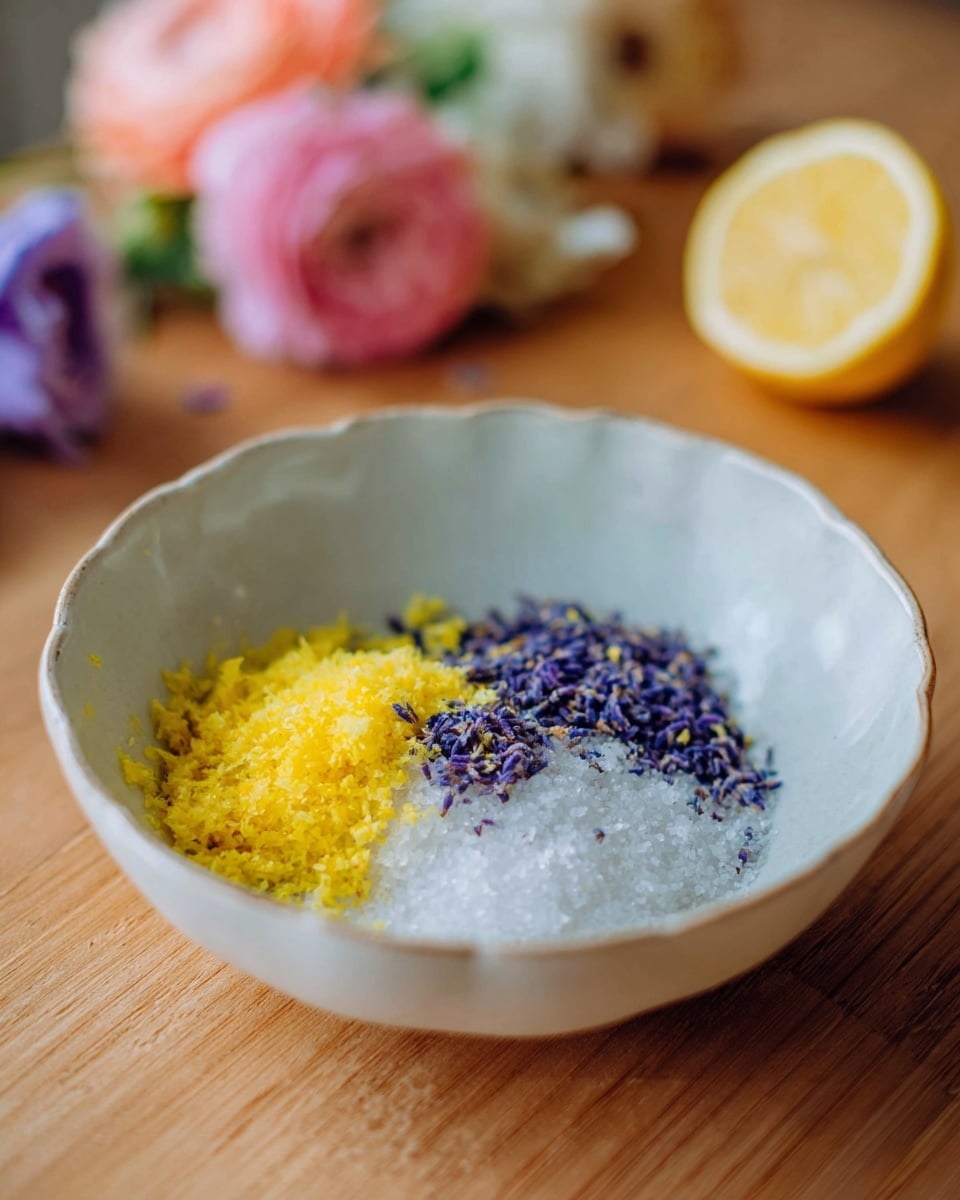 A white bowl holds three separate piles of ingredients: bright yellow lemon zest on the left, coarse white sugar granules on the right, and small purple dried flowers at the top center. The bowl is slightly scalloped at the edges and sits on a wooden surface with a soft focus of a halved lemon to the right and blurred colorful flowers in the background. The photo has soft natural light and a calm, warm tone. Photo taken with an iphone --ar 4:5 --v 7