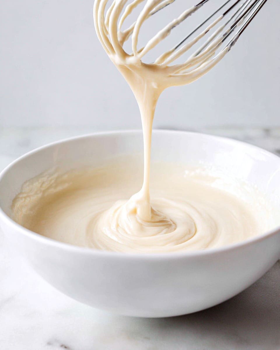 A white bowl filled halfway with smooth, thick, pale cream batter with a glossy texture. Above the bowl, part of a metal whisk is lifting the batter, and the batter is slowly dripping down in a smooth, twisting stream back into the bowl. The scene is set on a white marbled surface with soft, natural lighting. photo taken with an iphone --ar 4:5 --v 7