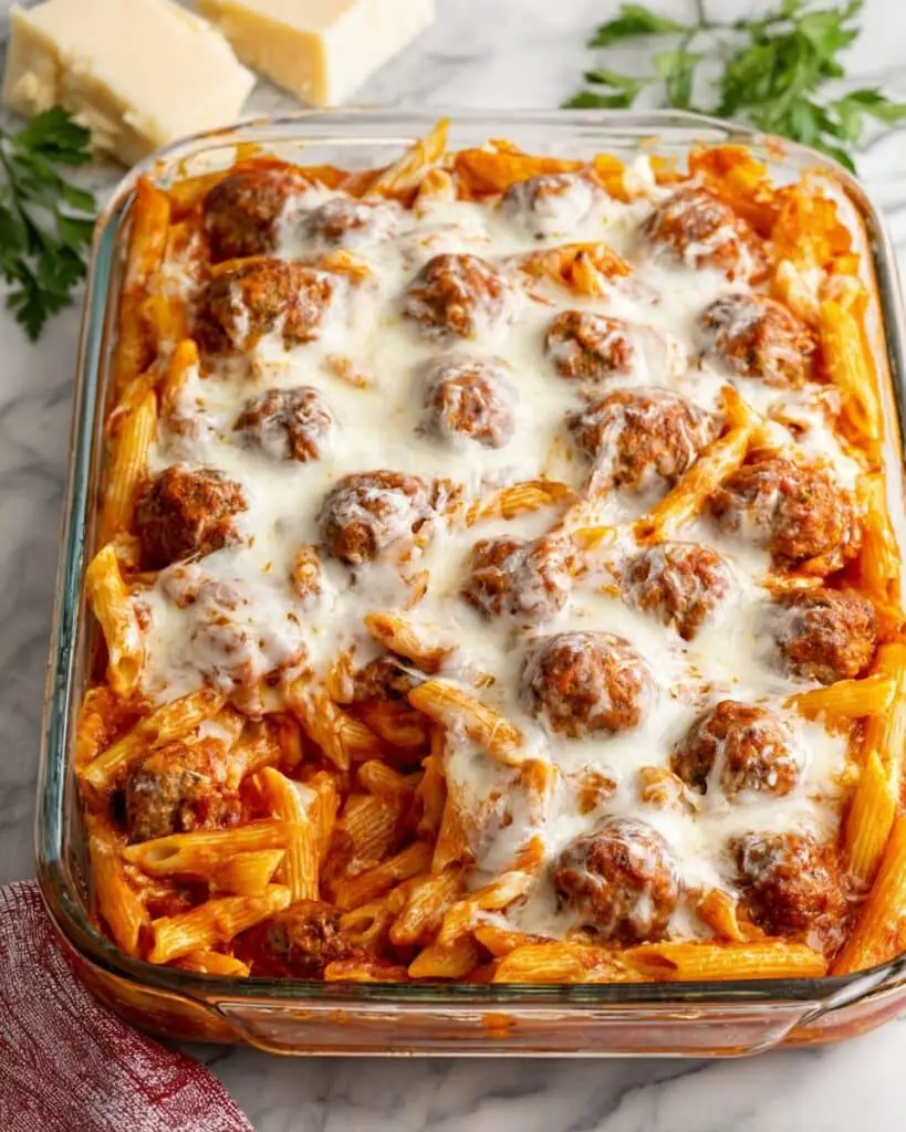Dump and Bake Meatball Pasta Casserole Recipe