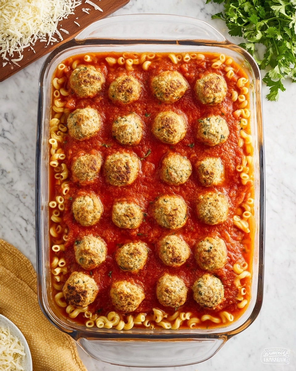 A clear glass baking dish filled with a layer of small pale yellow pasta pieces covered in a thick bright red tomato sauce, topped with two rows of evenly spaced, round light brown meatballs that have a slightly crispy, golden-brown outer texture. The dish rests on a white marbled surface with some grated white cheese on a wooden board in the top left corner and green leafy herbs to the right. Photo taken with an iphone --ar 4:5 --v 7