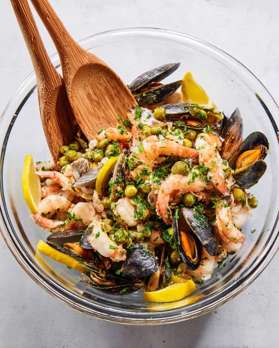 A clear glass bowl holds a seafood mix with two wooden spoons resting inside. The dish has three main layers; the bottom layer is mostly black and beige mussels, the middle layer is filled with pink and white shrimp, and the top layer is sprinkled with finely chopped green herbs and small green capers. Thin, bright yellow lemon peels sit on top and around the edges of the bowl, adding a splash of color. The bowl is placed on a white marbled surface. photo taken with an iphone --ar 4:5 --v 7