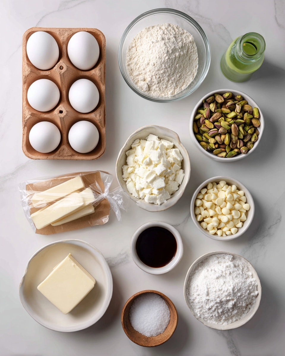 The image shows various baking ingredients arranged neatly on a white marbled surface. On the left, three white eggs rest in a wooden tray with round compartments. Above eggs, a glass bowl filled with white flour is placed next to another glass bowl containing light brown sugar. To the right, a white bowl holds green and brown pistachios, and another glass bowl contains small white chocolate chips. Below the eggs, a small white bowl has dark vanilla liquid. Two sticks of butter wrapped with light paper sit beneath that. Near the bottom center, a white bowl contains white granulated sugar, with two small wooden bowls beside it—one with white baking soda and the other with salt. Above and slightly right of these, a small open brown paper bag has light green instant pistachio pudding powder and next to it is a green food coloring bottle. The organized setup is brightly lit, clear, and simple. photo taken with an iphone --ar 4:5 --v 7