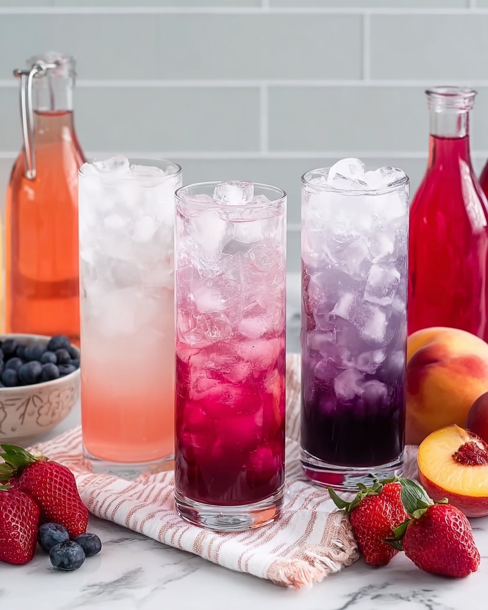 The image shows three tall clear glasses filled with ice cubes and colorful layered drinks. The left glass has a very light pink liquid with ice, the middle glass has a pink-to-clear gradient with bright pink liquid at the bottom and light pink at the top, and the right glass has a dark purple layer at the bottom fading to light purple and then clear with ice on top. Around the glasses, there are fresh strawberries, blueberries, and a peach, along with bottles containing red and pink liquids. The scene is set on a white marbled surface with a striped cloth under the peach. A woman's hand is not visible near the scene. Photo taken with an iphone --ar 4:5 --v 7