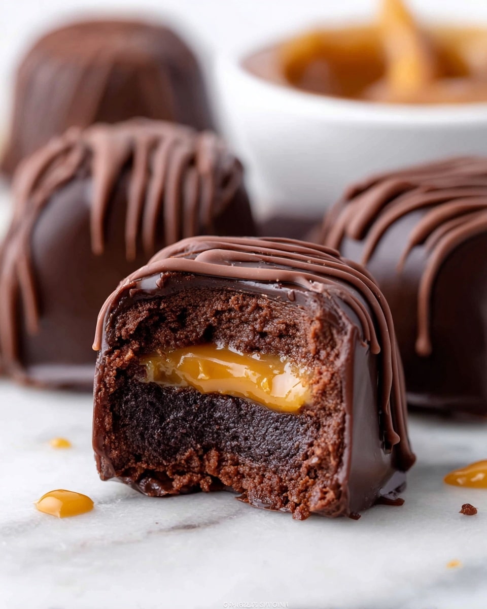 The image shows a close-up of chocolate balls with a rich, dark brown chocolate shell. One chocolate ball is cut in half, revealing three layers: a soft, moist chocolate cake base, a thick caramel filling in the center with a shiny golden color, and a smooth chocolate frosting on top. The outer shell is glossy and covered with a thin drizzle of lighter brown chocolate. The chocolates are placed on a white marbled surface with a blurred white bowl containing more caramel in the background. photo taken with an iphone --ar 4:5 --v 7