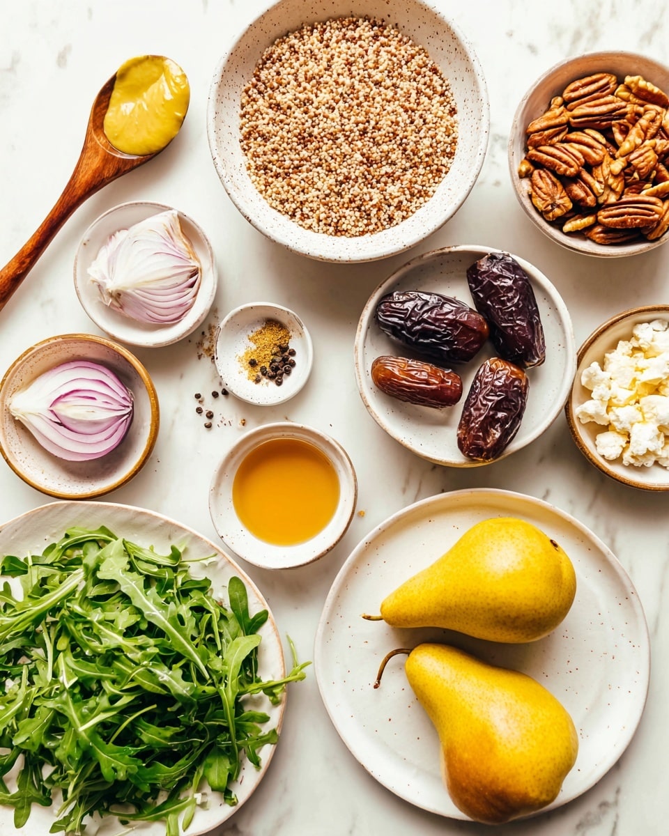 A top view of a group of fresh ingredients laid out on a white marbled surface, featuring a white speckled bowl filled with light brown grains at the center, next to a white plate holding four large dark brown dates. Above these are small brown bowls with orange-brown pecans and white crumbly cheese. To the left, a white plate holds a wooden spoon with creamy yellow mustard, two halves of a light purple shallot, a thin slice of fresh ginger, a small white spoon with black pepper, and some grated orange zest. Nearby is a small white bowl with golden honey. On the bottom left is a white speckled bowl filled with fresh green arugula leaves. On the right, another white plate with two yellow pears covered in water droplets completes the composition. Photo taken with an iphone --ar 4:5 --v 7