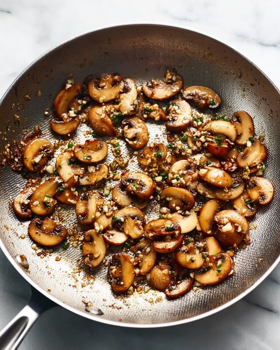 A close-up view inside a silver frying pan shows a single layer of cooked sliced mushrooms scattered evenly, browned around the edges with small pieces of finely chopped garlic and herbs mixed in. The pan rests on a white marbled surface, with the metal handle extending out to the right. The mushrooms have a warm, golden brown color and look lightly sautéed, with varying shades of light to dark brown and some shiny, moist textures on top photo taken with an iphone --ar 4:5 --v 7