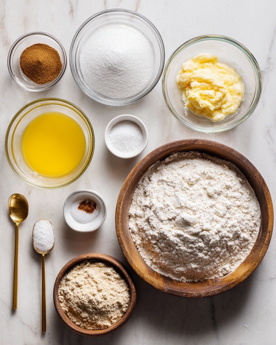The image shows various baking ingredients placed on a white marbled surface. On the right side, there is a large wooden bowl full of white flour with a rough texture. Surrounding it are clear glass bowls containing white sugar, a beaten yellow egg mixture, melted butter, and a pale yellow liquid, all with smooth textures. Smaller white bowls hold fine white salt and baking powder. Two golden spoons rest nearby, one filled with brown spices and the other with a darker powder. A clear bowl with a light brown flour mix completes the setup. The arrangement is neat, with all items spaced evenly. Photo taken with an iphone --ar 4:5 --v 7