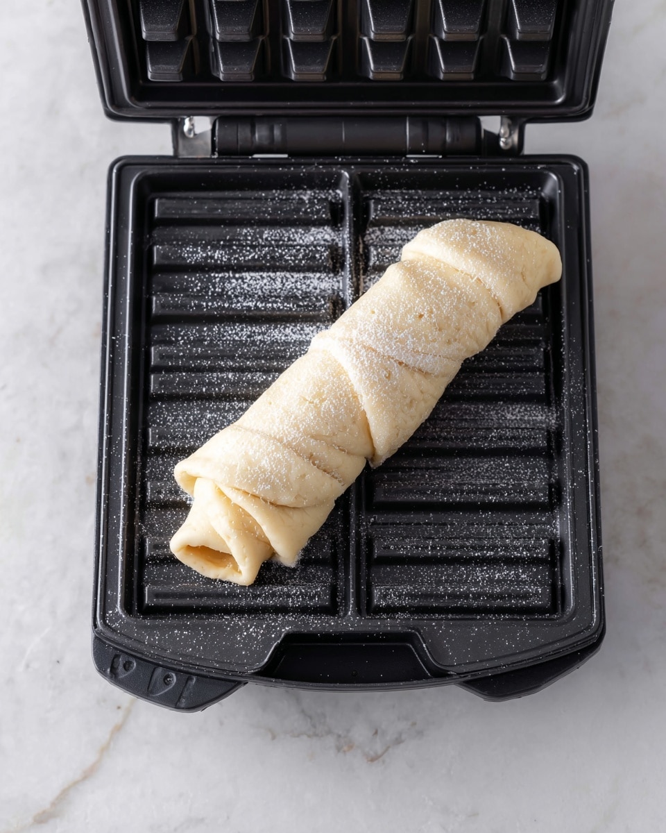 A single light beige dough roll with a soft texture is placed diagonally in the middle of a dark black waffle maker, sprinkled lightly with white granulated sugar. The dough shows visible layers, rolled tightly with a slight curve and smooth surface. The waffle maker plates have deep square grooves and a slight shine, with the device opened showing both top and bottom plates, set against a white marbled surface. Photo taken with an iphone --ar 4:5 --v 7